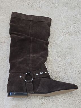Free People Dark Brown Suede Mid-Calf Boots with Ring Accent
